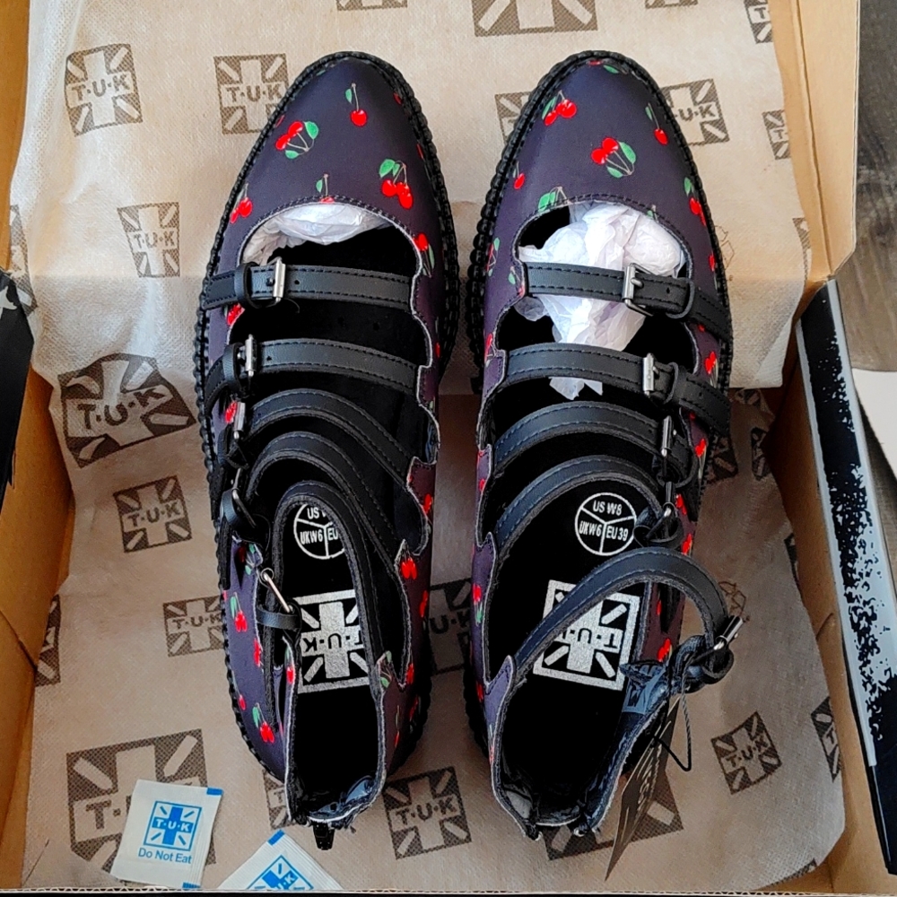 T.U.K BLACK CHERRY PRINT MULTI-STRAP POINTED MARY JANE